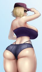 Rule 34 | 1girl, ass, blonde hair, blue eyes, breasts, coco (code vein), code vein, curvy, g-string, hat, highleg, highleg panties, highres, huge ass, huge breasts, looking at viewer, looking back, panties, revealing clothes, short shorts, shorts, strapless, tagme, thick thighs, thighs, thong, tube top, underwear, whale tail (clothing), wide hips