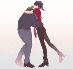 Rule 34 | 10s, 2boys, aged down, alain leroy, bad id, bad pixiv id, baseball cap, black hair, closed eyes, con potata, father and son, hat, hug, ice skates, jean-jacques leroy, male focus, multiple boys, open mouth, scarf, simple background, skates, smile, sparkle, yuri!!! on ice