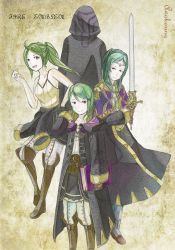 Rule 34 | 4girls, age comparison, armor, back, bad id, bad pixiv id, book, boots, casual, circlet, cloak, clothes around waist, copyright name, english text, fire emblem, fire emblem awakening, green hair, hair ornament, hairclip, highres, hooded, jenif, multiple girls, multiple persona, nintendo, open mouth, ponytail, purple eyes, robin (female) (fire emblem), robin (fire emblem), shirt, shirt around waist, short hair, smile, sword, tank top, twintails, weapon