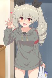 Rule 34 | 1girl, absurdres, ada badguy, anchovy (girls und panzer), bag, black ribbon, casual, commentary, cowboy shot, drawstring, drill hair, girls und panzer, green hair, grey hoodie, grocery bag, hair ribbon, half-closed eyes, heart, highres, holding, holding bag, hood, hood down, hoodie, indoors, long hair, long hoodie, long sleeves, looking at viewer, open mouth, plastic bag, red eyes, ribbon, shopping bag, smile, solo, standing, twin drills, twintails, waving