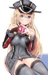 Rule 34 | 10s, 1girl, bismarck (kancolle), black panties, blonde hair, blue eyes, blush, breasts, hat, heart, heart hands, highres, i.f.s.f, jewelry, kantai collection, large breasts, long hair, looking at viewer, military, military uniform, panties, peaked cap, ring, solo, thighhighs, underwear, uniform, wedding band