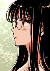 Rule 34 | 1girl, black-framed eyewear, black hair, blush, commentary request, from side, glasses, green background, himawari-san, himawari-san (character), long hair, parted lips, portrait, purple eyes, signature, simple background, solo, sugano manami