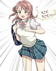 1girl bag blue_skirt blunt_bangs blush bun_with_braided_base clenched_hands collared_shirt commentary_request dress_shirt emphasis_lines flying_sweatdrops hair_bun hair_ornament hairclip half_updo highres holding_strap late_for_school love_live! love_live!_nijigasaki_high_school_idol_club medium_hair miniskirt neck_ribbon nijigasaki_school_uniform pink_hair pink_ribbon plaid_clothes plaid_skirt pleated_skirt ribbon running school_bag school_uniform shirt short_sleeves simple_background single_side_bun skirt solo summer_uniform sweater_vest swept_bangs translated uehara_ayumu white_background white_shirt yellow_eyes yellow_sweater_vest zaofeng