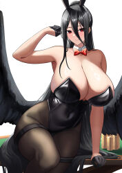 Rule 34 | 1girl, absurdres, alternate costume, animal ears, arisugawa ya, arm support, armpits, bare shoulders, black gloves, black hair, black leotard, black pantyhose, black wings, blue archive, bow, bowtie, breasts, cleavage, collarbone, covered navel, detached collar, fake animal ears, feathered wings, feet out of frame, gloves, half gloves, hasumi (blue archive), highleg, highleg leotard, highres, huge breasts, leotard, long hair, looking at viewer, no halo, pantyhose, playboy bunny, poker chip, ponytail, rabbit ears, red bow, red bowtie, red eyes, solo, straight hair, strapless, strapless leotard, thigh strap, very long hair, wings