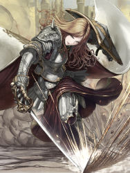 Rule 34 | 1girl, armor, armored boots, blue eyes, boots, breastplate, brown hair, cape, castle, clenched teeth, commentary request, dust cloud, fantasy, faulds, female knight, gauntlets, unworn headwear, helmet, unworn helmet, highres, holding, holding sword, holding weapon, knight, long hair, looking at viewer, original, parted lips, plate armor, plume, running, sabaton, saber (weapon), sheath, shield, shisshou senkoku, shoulder armor, solo, sparks, sword, teeth, unsheathed, waist cape, weapon