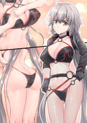 Rule 34 | 1girl, ahoge, ass, bikini, black bikini, black gloves, breasts, bubble background, butt crack, choker, chung cthemax, cleavage, commentary, commentary request, english commentary, fate/grand order, fate (series), gloves, gluteal fold, hair between eyes, highres, jacket, jeanne d&#039;arc alter (swimsuit berserker) (fate), jeanne d&#039;arc (fate), jeanne d&#039;arc alter (fate), jeanne d&#039;arc alter (swimsuit berserker) (fate), korean commentary, large breasts, long hair, multiple views, navel, o-ring, o-ring bikini, orange background, shrug (clothing), silver hair, swimsuit, very long hair, yellow eyes