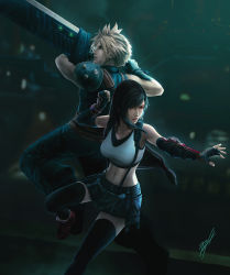 Rule 34 | 1boy, 1girl, absurdres, armor, black hair, black skirt, black thighhighs, blonde hair, breasts, buster sword, cloud strife, crop top, elbow gloves, elbow pads, final fantasy, final fantasy vii, final fantasy vii remake, fingerless gloves, gloves, green eyes, highres, large breasts, long hair, looking to the side, looking up, low-tied long hair, materia, midriff, navel, open mouth, ranh, red eyes, red footwear, shoes, shoulder armor, signature, skirt, sleeveless, sleeveless turtleneck, spiked hair, suspender skirt, suspenders, suspenders gap, sword, tank top, teeth, thighhighs, tifa lockhart, turtleneck, weapon, white tank top