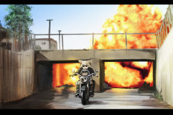 Rule 34 | 10s, 2girls, chromatic aberration, commentary, common raccoon (kemono friends), day, explosion, fennec (kemono friends), jacket, kemono friends, leather, leather jacket, letterboxed, motor vehicle, motorcycle, multiple girls, multiple riders, outdoors, riding, sunglasses, terminator (series), terminator 2: judgment day, ueyama michirou, vehicle