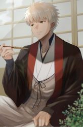 Rule 34 | 1boy, commentary request, emiya shirou, fate/grand order, fate (series), highres, holding, igote, japanese clothes, leaf, long sleeves, male focus, mct, open mouth, plant, senji muramasa (fate), senji muramasa (third ascension) (fate), short hair, smile, solo, wooden door, yellow eyes