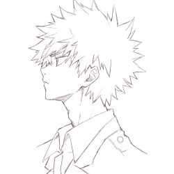 Rule 34 | 1boy, adam&#039;s apple, bakugou katsuki, boku no hero academia, closed mouth, collared shirt, dwun pubg, hair between eyes, highres, layered clothes, light frown, lineart, looking ahead, male focus, monochrome, portrait, profile, shirt, simple background, solo, spiked hair, white background, wing collar