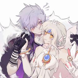 Rule 34 | 1boy, 1girl, add (elsword), android, black gloves, blush, chest jewel, closed mouth, code: esencia (elsword), commentary request, detached sleeves, doom bringer (elsword), dress, elsword, eve (elsword), fur-trimmed jacket, fur trim, gloves, grey hair, grin, height difference, hetero, highres, holding hands, interlocked fingers, jacket, jacket on shoulders, looking at another, narokoko, purple eyes, purple jacket, robot ears, short hair, short sleeves, simple background, smile, white background, white dress, white gloves, white hair, yellow eyes