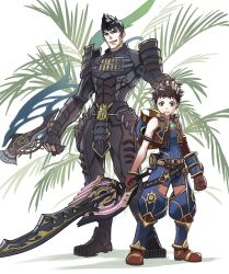 Rule 34 | 2boys, alternate universe, armor, black hair, bodysuit, brown hair, crotchless, crotchless pants, full body, gloves, japanese armor, looking at viewer, male focus, malos (xenoblade), multiple boys, nintendo, pants, rex (xenoblade), short hair, simple background, smile, spoilers, sword, weapon, xenoblade chronicles (series), xenoblade chronicles 2
