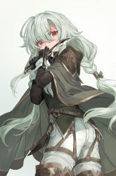 Rule 34 | 1girl, absurdres, boots, cape, dagger, gloves, green hair, highres, knife, long hair, looking back, orange eyes, original, shichigatsu, simple background, solo, thigh boots, thighhighs, weapon