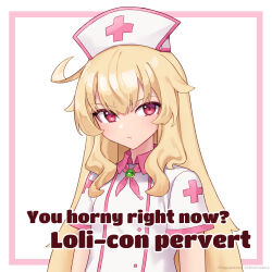 Rule 34 | 1girl, alternate language, artist request, blonde hair, closed mouth, commentary, copyright notice, dress, english text, flat chest, hair between eyes, hat, highres, little witch nobeta, long hair, looking at viewer, nobeta, nurse, nurse cap, official art, plus sign, red eyes, short sleeves, solo, upper body, white dress, white hat