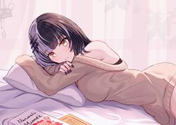 Rule 34 | 1girl, absurdres, alternate costume, bare shoulders, bed sheet, black hair, black nails, book, bra, bra peek, breasts, brown sweater, closed mouth, commentary, curtains, dot nose, english commentary, fingernails, grey hair, hair ornament, highres, hololive, hololive english, indoors, karu (karusenpai), large breasts, long hair, looking at viewer, lying, multicolored hair, nail polish, on stomach, pillow, shiori novella, smile, solo, split-color hair, sweater, two-tone hair, underwear, virtual youtuber, yellow eyes, yorick (shiori novella)
