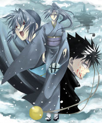 Rule 34 | age difference, black hair, blood, blue hair, closed eyes, coat, hiei, hina (yu yu hakusho), izru, japanese clothes, kimono, long hair, mother and son, open mouth, ponytail, red eyes, sandals, short hair, snow, spiked hair, tears, trench coat, yuu yuu hakusho
