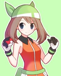 Rule 34 | 1girl, bandana, bare shoulders, blue eyes, blush, brown hair, creatures (company), game freak, gloves, green background, green headwear, holding, holding poke ball, looking at viewer, may (pokemon), nintendo, orange shirt, poke ball, pokemon, pokemon emerald, pokemon rse, shirt, sleeveless, sleeveless shirt, smile, solo, suta (clusta), upper body