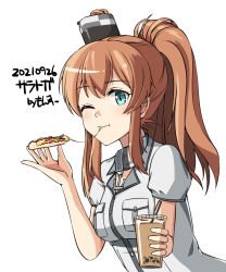 Rule 34 | 1girl, blue eyes, breast pocket, brown hair, bubble tea, character name, dated, dress, eating, food, green eyes, hair between eyes, kantai collection, long hair, monsuu (hoffman), one-hour drawing challenge, one eye closed, pizza, pocket, ponytail, saratoga (kancolle), saratoga mk ii (kancolle), side ponytail, sidelocks, simple background, smokestack, smokestack hair ornament, solo, upper body, white background, white dress