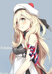 Rule 34 | 10s, 1girl, armband, bare shoulders, beret, blonde hair, character name, dress, grey background, hair between eyes, hat, highres, kantai collection, long hair, looking at viewer, mole, mole under eye, pom pom (clothes), richelieu (kancolle), simple background, smile, solo, takanashi kei (hitsujikan), upper body, yellow eyes