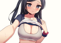 Rule 34 | 1girl, black eyes, black hair, black shirt, blush, bra, breasts, calvin klein, cleavage, clothes lift, collarbone, deadnooodles, grey bra, hair ornament, hairclip, lifting own clothes, long hair, looking at viewer, love live!, love live! nijigasaki high school idol club, medium breasts, nail polish, outstretched arm, product placement, selfie, shirt, shirt lift, short sleeves, side ponytail, simple background, solo, sports bra, sweat, sweatband, sweatdrop, undershirt, underwear, upper body, white background, white shirt, wristband, yuki setsuna (love live!)
