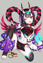 Rule 34 | 1girl, 2018, ;d, bare shoulders, black thighhighs, breasts, chinese clothes, creature, dudou, earrings, fang, fate/grand order, fate (series), fingernails, full body, grey background, hand on own knee, head tilt, heart, horns, jewelry, looking at viewer, navel, one eye closed, oni, open mouth, purple eyes, purple hair, seiru (prairie), short eyebrows, shuten douji (fate), shuten douji (fate/grand order), shuten douji (halloween caster) (fate), signature, simple background, sitting, skin-covered horns, small breasts, smile, solo, star (symbol), thick eyebrows, thighhighs, toeless legwear