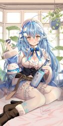 Rule 34 | 1girl, ahoge, blue coat, blue hair, blue nails, blue skirt, blush, boots, bottle, breasts, brown footwear, closed mouth, coat, flower, frilled thighhighs, frills, fur-trimmed coat, fur trim, hair flower, hair ornament, hat, highres, holding, holding bottle, hololive, large breasts, long hair, looking at viewer, multicolored hair, nail polish, nozomi fuuten, pointy ears, shirt, signature, skirt, smile, snowflake print, solo, streaked hair, thighhighs, tongue, tongue out, virtual youtuber, white hat, white shirt, white thighhighs, yukihana lamy, yukihana lamy (1st costume)