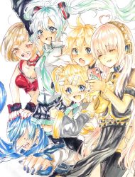 Rule 34 | 2boys, 4girls, animal print, aqua eyes, aqua hair, aqua necktie, arm up, arm warmers, bare shoulders, belt, black collar, black legwear, black shirt, black skirt, black sleeves, blonde hair, blue eyes, blue hair, blue nails, bow, brown eyes, brown hair, bush, cellphone, closed eyes, coat, collar, crop top, detached sleeves, fang, fish print, gold trim, grey collar, grey shirt, grey sleeves, hair bow, hair ornament, hairclip, hand on another&#039;s head, hand on own chest, hands on another&#039;s head, hatsune miku, headphones, highres, holding, holding phone, jacket, kagamine len, kagamine rin, kaito (vocaloid), kneeling, long hair, looking at viewer, megurine luka, meiko (vocaloid), miniskirt, mobukyara (mobumobu0817), multiple boys, multiple girls, nail polish, navel, neckerchief, necktie, one eye closed, open mouth, outstretched arm, phone, piano print, pink hair, pleated skirt, red collar, red jacket, red nails, sailor collar, scarf, shirt, short hair, side slit, single detached sleeve, sitting, sitting on person, skin fang, skirt, smartphone, smile, spiked hair, swept bangs, taking picture, thighhighs, twintails, very long hair, vocaloid, white bow, white coat, white scarf, white shirt, wrist cuffs, yellow nails, yellow neckerchief, yellow sleeves, zettai ryouiki