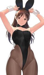 Rule 34 | 1girl, animal ears, armpits, arms up, bare shoulders, black leotard, blush, bow, bowtie, breasts, brown eyes, brown hair, brown pantyhose, cleavage, closed mouth, commentary request, detached collar, fake animal ears, from below, highleg, highleg leotard, idolmaster, idolmaster cinderella girls, leotard, long hair, looking at viewer, looking down, medium breasts, mibu natsuki, nitta minami, pantyhose, playboy bunny, rabbit ears, simple background, smile, solo, standing, strapless, strapless leotard, white background, wrist cuffs