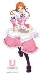 Rule 34 | 1girl, apron, apron lift, black pantyhose, braid, brown hair, candy, clothes lift, dress, food, full body, glasses, looking at viewer, orange hair, original, pantyhose, ribbon, short hair, simple background, solo, standing, sweets, twin braids, twintails, underbust, waist apron, wakatsuki sana, white background