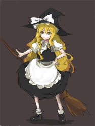 Rule 34 | 1girl, apron, blonde hair, bow, braid, broom, dress, female focus, hair bow, hand on own hip, hat, hip focus, kasa (hitori sanka), kirisame marisa, long hair, no nose, short sleeves, simple background, sketch, smile, solo, standing, touhou, witch, witch hat, yellow eyes