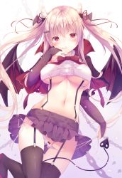Rule 34 | 1girl, bow, bow panties, breasts, bridal gauntlets, brown capelet, brown skirt, brown thighhighs, capelet, cat hair ornament, center frills, chain, commentary request, crop top, demon girl, demon horns, demon tail, demon wings, fingernails, frills, garter straps, gluteal fold, groin, hair between eyes, hair ornament, hair ribbon, hairclip, hand up, head wings, heart, highres, horns, kinokomushi, large breasts, light brown hair, long hair, midriff, miniskirt, multicolored capelet, navel, original, panties, panty pull, pleated skirt, red bow, red capelet, red eyes, red ribbon, red wings, ribbon, shirt, side-tie panties, sidelocks, skirt, sleeveless, sleeveless shirt, solo, tail, thighhighs, twintails, underboob, underwear, untied panties, very long hair, white background, white panties, white shirt, wings