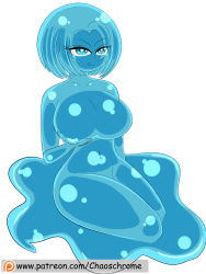 Rule 34 | 1girl, blue eyes, blue hair, blue skin, breasts, chaoschrome, closed mouth, colored skin, highres, large breasts, monster girl, nude, short hair, simple background, sitting, slime girl, smile, solo