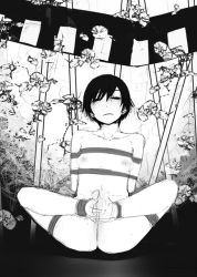 Rule 34 | 1girl, arms behind back, bad id, bad pixiv id, barefoot, bdsm, bondage, bound, breasts, cleft of venus, facing viewer, full cleft, greyscale, knees apart feet together, looking at viewer, mashimi, monochrome, nipples, nude, on floor, rope, shimimaru, short hair, sitting, sketch, small areolae, small breasts, small nipples, solo