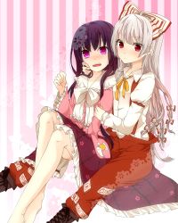 Rule 34 | 2girls, barefoot, blush, boots, bow, female focus, floral print, fujiwara no mokou, hair bow, hair ribbon, hand on another&#039;s cheek, hand on another&#039;s face, highres, houraisan kaguya, long hair, multiple girls, ofuda, open mouth, pants, purple eyes, purple hair, red eyes, ribbon, shirt, sitting, skirt, striped, striped background, suspenders, touhou, tsuno no hito, white hair, yuri
