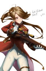Rule 34 | 1girl, absurdres, ahoge, ascot, blush, bolt action, braid, breasts, brown hair, buckle, character name, coat, collared coat, epaulettes, expressionless, eyes visible through hair, facing viewer, floating hair, girls&#039; frontline, gloves, green eyes, gun, hair between eyes, hair ornament, hair over one eye, half-closed eyes, heki hana, highres, holding, holding gun, holding weapon, lee-enfield, lee-enfield (girls&#039; frontline), long hair, looking away, magazine (weapon), medium breasts, military, military uniform, pants, parted lips, ponytail, red coat, rifle, sash, scope, sidelocks, signature, simple background, sleeves rolled up, solo, standing, thigh strap, thighhighs, uniform, weapon, white ascot, white background, white gloves, white pants, white thighhighs
