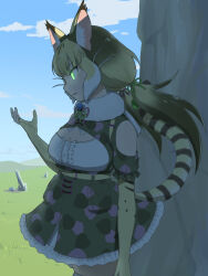 Rule 34 | 1girl, animal ears, bare shoulders, belt, breasts, cat ears, cat girl, cat tail, cleavage, elbow gloves, extra ears, gloves, green eyes, grey hair, highres, jungle cat (kemono friends), kemono friends, kemono friends v project, long hair, medium breasts, microphone, ribbon, scarf, shirt, skirt, solo, suspenders, tail, twintails, virtual youtuber, y0whqzz8bkslezl