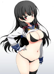 Rule 34 | 10s, 1girl, bikini, bikini under clothes, black bikini, black hair, black thighhighs, blush, breasts, cleavage, clothes lift, curvy, gloves, hand on own hip, highres, ichi-jirushi, isokaze (kancolle), kantai collection, large breasts, long hair, looking at viewer, navel, no pants, parted lips, red eyes, school uniform, serafuku, shirt lift, sideboob, simple background, single thighhigh, sketch, solo, swimsuit, thighhighs, white background, white gloves