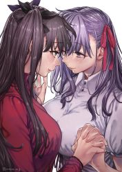 Rule 34 | 2girls, asymmetrical docking, bad id, bad twitter id, black hair, black ribbon, blush, breast press, commentary, commentary request, fate/stay night, fate (series), green eyes, holding hands, incest, interlocked fingers, looking at another, matou sakura, multiple girls, official alternate costume, purple eyes, purple hair, red ribbon, ribbon, rororogi mogera, siblings, simple background, sisters, tohsaka rin, twintails, white background, yuri