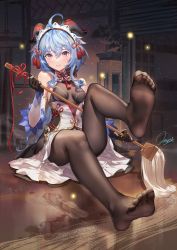 Rule 34 | 1girl, accident, ahoge, bare shoulders, black dress, black gloves, blue hair, breasts, brown pantyhose, christmas, criin (659503), detached sleeves, dress, feet, ganyu (genshin impact), genshin impact, gloves, goat horns, gold trim, hair ribbon, hairband, highres, holding, horns, indoors, knees up, leg up, long hair, long sleeves, looking at viewer, medium breasts, mop, no shoes, pantyhose, purple eyes, revision, ribbon, sitting, smile, solo, tassel, toes, water, wet