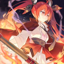 Rule 34 | 1girl, black background, black necktie, breasts, date a live, fire, highres, horns, itsuka kotori, large breasts, looking at viewer, necktie, red eyes, red hair, shirt, solo, twintails, white horns, white shirt, yunweishukuang