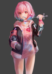 Rule 34 | 1girl, absurdres, black jacket, blue hair, collar, collarbone, commentary request, drawstring, earrings, fuusen tsuchi, grey background, hair between eyes, hand in pocket, heart, heart collar, heart on chest, highres, holding, holding syringe, idolmaster, idolmaster cinderella girls, jacket, jewelry, keyhole, mouth hold, multicolored hair, open clothes, open jacket, pill earrings, pink hair, red collar, red eyes, shirt, simple background, skeleton print, solo, syringe, two-tone hair, white shirt, wrist cuffs, yumemi riamu