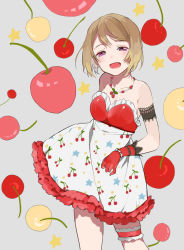 Rule 34 | 1girl, :d, armband, bare shoulders, blush, bracelet, breasts, bridal garter, brown hair, cherry, cleavage, contrapposto, dress, food, food print, fruit, gloves, grey background, half-closed eyes, jewelry, koizumi hanayo, looking at viewer, love live!, love live! school idol festival, love live! school idol project, lowe (slow), medium breasts, necklace, open mouth, purple eyes, red gloves, short hair, smile, solo, standing