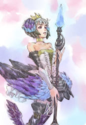 Rule 34 | 1girl, armor, armored dress, bad id, bad pixiv id, bare shoulders, blue eyes, crown, dress, elbow gloves, gloves, grey hair, gwendolyn (odin sphere), head wings, leg wings, low wings, md5 mismatch, multicolored wings, odin sphere, polearm, solo, spear, strapless, strapless dress, takamizawa mayu, thighhighs, weapon, wings
