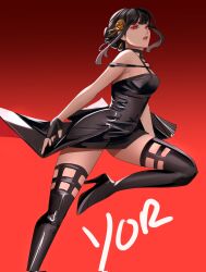 Rule 34 | 1girl, bare shoulders, black dress, black gloves, black hair, black thighhighs, character name, dress, fingerless gloves, gloves, hair ornament, highres, notgustiarp, off shoulder, red background, red eyes, sleeveless, sleeveless dress, solo, spy x family, thighhighs, thighs, yor briar