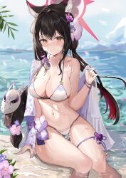 Rule 34 | 1girl, absurdres, animal ears, beach, bikini, black hair, blue archive, commentary, day, flower, fox ears, hair flower, hair ornament, halo, harune rane, highres, linea alba, long hair, looking at viewer, mask, multicolored hair, navel, partially submerged, red hair, sitting, smile, solo, swimsuit, thigh strap, twintails, two-tone hair, wakamo (blue archive), wakamo (swimsuit) (blue archive), water, white bikini, yellow eyes