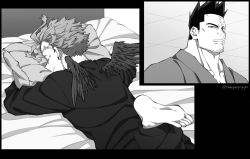 Rule 34 | 2boys, boku no hero academia, couple, endeavor (boku no hero academia), facial hair, feathered wings, greyscale, hawks (boku no hero academia), looking at another, lying, male focus, mature male, monochrome, multiple boys, muscular, muscular male, on bed, on stomach, popo take, scar, scar across eye, scar on face, short hair, sideburns, smile, spiked hair, stubble, wings, yaoi