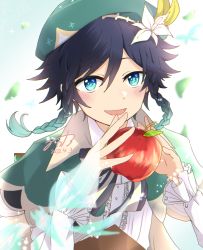 Rule 34 | 1boy, androgynous, apple, beret, black hair, blue hair, blurry, blurry background, blush, bow, braid, bug, butterfly, cape, collared cape, collared shirt, commentary request, dated, falling leaves, flower, food, frilled sleeves, frills, fruit, genshin impact, gradient hair, green cape, green eyes, green hat, hat, hat flower, highres, holding, holding food, holding fruit, insect, leaf, light particles, long sleeves, looking at viewer, male focus, miroka, multicolored hair, open mouth, shirt, short hair with long locks, side braids, sidelocks, smile, solo, sparkle, twin braids, venti (genshin impact), white flower, white shirt