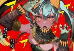 Rule 34 | 1girl, arm up, breasts, claw pose, earrings, fangs, fingernails, from above, gaku, hair between eyes, hatsune miku, highres, jewelry, long hair, looking at viewer, nail polish, open mouth, red background, salamander (vocaloid), simple background, solo, teeth, tongue, tongue out, twintails, upper body, vocaloid, yellow eyes