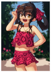 Rule 34 | 1girl, animal print, bikini, bikini skirt, black hair, blue sky, blurry, blurry background, breasts, brown eyes, commentary request, cowboy shot, day, hair ribbon, highres, idolmaster, idolmaster cinderella girls, jewelry, lc butter, leopard print, long hair, looking at viewer, matoba risa, navel, necklace, open mouth, outdoors, pink bikini, plant, ribbon, sky, small breasts, smile, solo, sunglasses, swimsuit