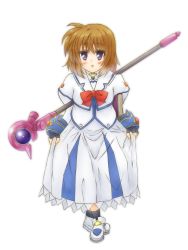 Rule 34 | 1girl, bluepalettes, blush, brown hair, cosplay, curtsey, dress, highres, luciferion, lyrical nanoha, mahou shoujo lyrical nanoha, mahou shoujo lyrical nanoha a&#039;s, mahou shoujo lyrical nanoha a&#039;s portable: the battle of aces, stern the destructor, purple eyes, ribbon, voice actor connection, solo, takamachi nanoha, takamachi nanoha (cosplay), tamura yukari